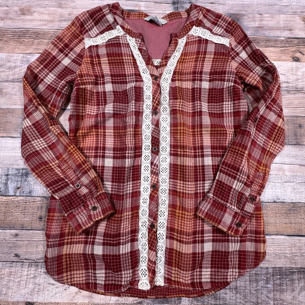 Bob Timberlake‎ Womens Red Plaid Lace Trim Button Up Shirt Boho Cotton Blouse M
